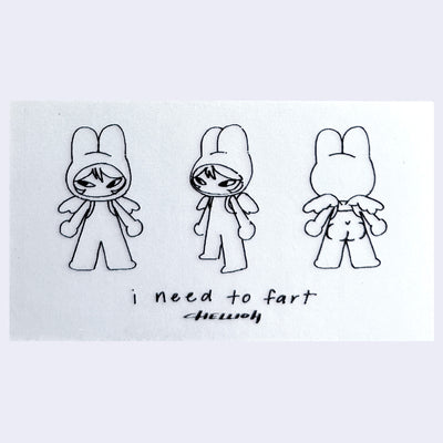 Illustration of a small cartoon character wearing a bunny hood and standing, nude with angel wings. Text below reads "I need to fart"