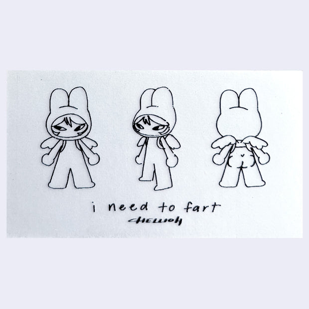 Illustration of a small cartoon character wearing a bunny hood and standing, nude with angel wings. Text below reads "I need to fart"
