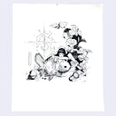 Ink drawing on white paper of an angelic girl sitting on the ground, arms propped on a large fish. Behind her are a clump of leaves.