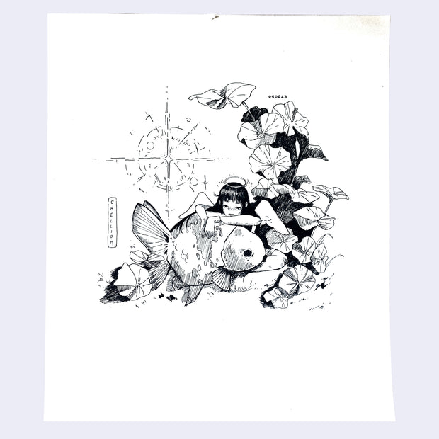 Ink drawing on white paper of an angelic girl sitting on the ground, arms propped on a large fish. Behind her are a clump of leaves.