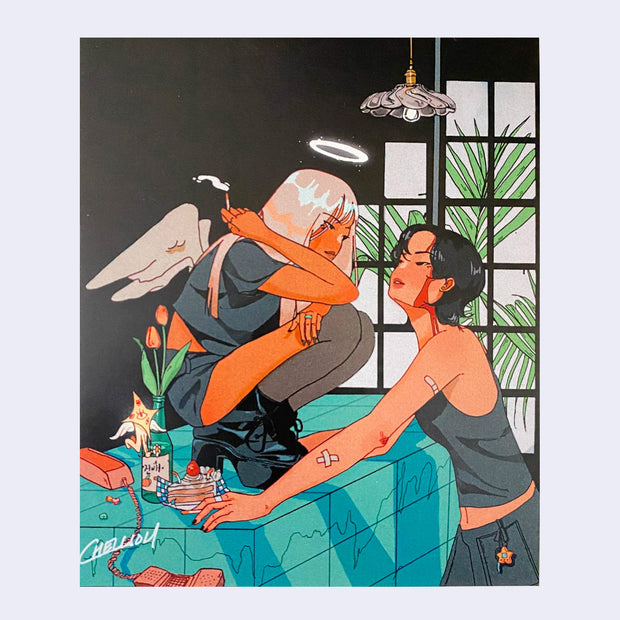 Illustration of 2 tan women, looking at one another. One is an angel, perched atop of a table, smoking a cigarette. The other has blood on her face and many bandages.