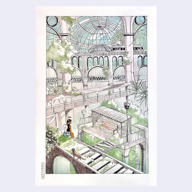 Illustration of a large, open modern greenhouse with many pillars. A small tan angel dressed modernly sits on a bridge with cat walking nearby.