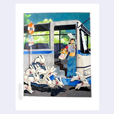 Illustration of a girl standing at the door of a city bus, with a tote bag of red tulips and a white bunny ear hood hat on. Small cute white bunnies hop alongside of the bus.