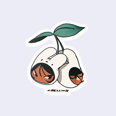 Die cut sticker of a pair of girl's heads, wearing white rabbit hood hats and attached by 2 stems and 2 leaves, like a pair of cherries.