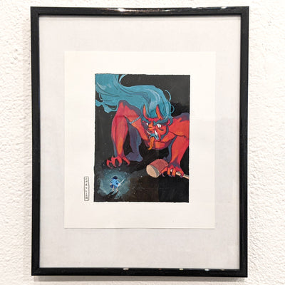 Painting of a small person facing off with a very large red demon monster, who crouches and faces the person while holding a wooden mallet. Piece is framed. 