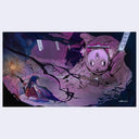 Illustration of a girl inside of a purple cave with a large spirit creature.