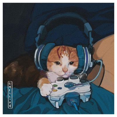Illustration of a cat wearing headphones and holding a gaming controller.