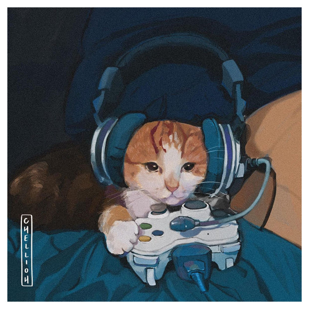 Illustration of a cat wearing headphones and holding a gaming controller.