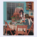 Illustration of an indoor kitchen setting, with a girl with angel wings sitting at a table and a nervous girl standing off to her side.