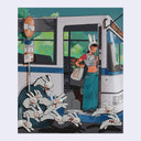 Illustration of a girl standing at the door of a city bus, with a tote bag of red tulips and a white bunny ear hood hat on. Small cute white bunnies hop alongside of the bus.