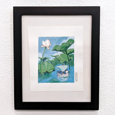 Illustration of a small white boat made out of a cup, with a sail made out of underwear. A small girl is inside the boat and floating along a pond with large lily flowers around.