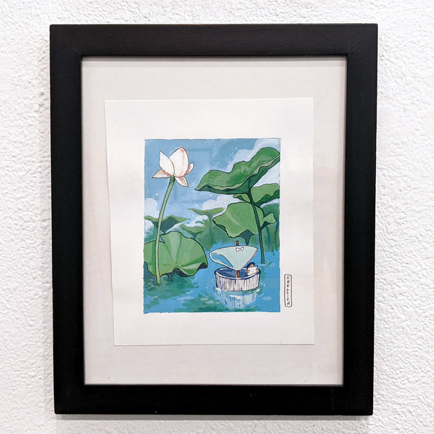 Illustration of a small white boat made out of a cup, with a sail made out of underwear. A small girl is inside the boat and floating along a pond with large lily flowers around.