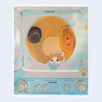 Illustration of a small cat, sitting inside of an open laundry dryer. Its head rests on the circular opening, with controls below.