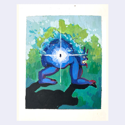 Painting of a blue monster, positioned on all fours and facing the right. A bring white light is emitted from its center, where a tiny silhouette of a person is inside. Background is green and blue with white foam.
