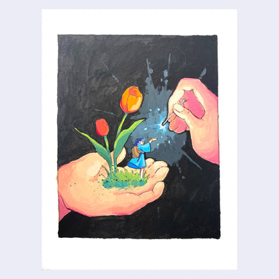 Painting of a pair of hands, one is an open palm where 2 orange tulips grow and a small person stands near them. The other hand holds a thin, tiny sword and has it angled towards the small person.