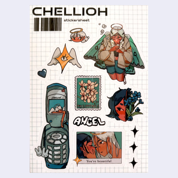 Sticker sheet with various illustrated characters and objects on a grid background, featuring the brand 'Chellioh'.