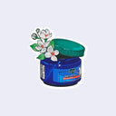 Die cut sticker of a small jar of Vicks VapoRub, with the lid slightly ajar. A small bouquet of white flowers comes out the top of the jar.