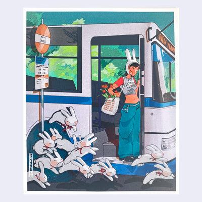 Illustration of a girl standing at the door of a city bus, with a tote bag of red tulips and a white bunny ear hood hat on. Small cute white bunnies hop alongside of the bus.