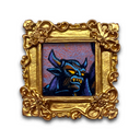 A square framed artwork featuring a stylized blue horned demon face with glowing yellow eyes, set within an ornate textured gold frame on a white background.