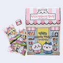 Cartoon-themed product packaging with cute characters and a store design on a white background