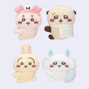 Four cute plush toys with cartoon faces on a light gray background