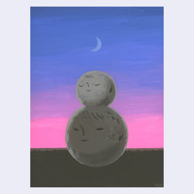 Painting with a blue and pink sunset in the background of 2 grey moons, each with simple faces. One is slightly smaller and stacked atop of the big one.