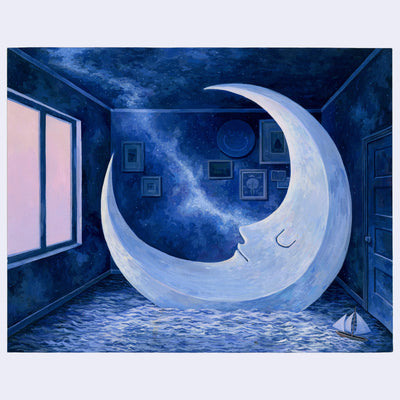 Painting of a large crescent moon contained within a small bedroom. The floor is made of water with a tiny sailboat. The back wall is filled with picture frames. Color scheme is blue with subtle pink additions.
