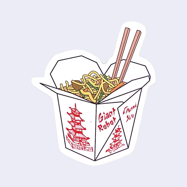 Die cut sticker of an open box of Chinese takeout, with noodles inside and a pair of chopsticks sticking up. "Giant Robot thank You" is written on the side.