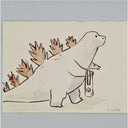 Illustration of a spiked back kaiju carrying a shopping bag.