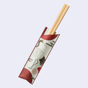 A pair of light wood chopsticks resting inside a decorative paper chopstick sleeve with a red and white cranes pattern, shown on a light gray background.