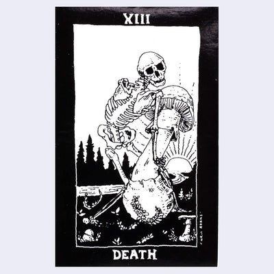 Black and white sticker of a skeleton lifitng up a mushroom from the ground.