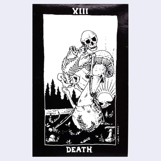 Black and white sticker of a skeleton lifitng up a mushroom from the ground.