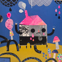Paper collage illustration of a gray house with a wide eyed, blank expression and crying pink tears. It has a pink roof and stands on stilts with pipes coming out of it and mushrooms around.