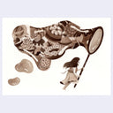 Illustration in brown sepia tones of a girl running while holding a very large bubble blower, which forms a bubble that is full of sweets - candies, pastries and cookies.