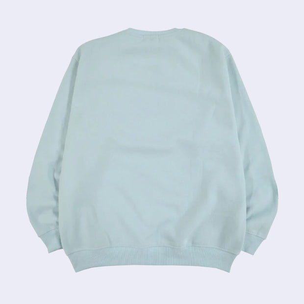 Baby blue pull over sweater back view, featuring no graphics.