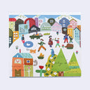 Memo pad with bright and colorful illustrations of a city and people in it.