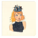 Illustration of a woman wearing a cityscape headpiece on a cream colored background