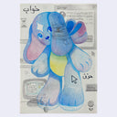 Graphite sketch of a blue plush dog, with computer iconography in the background.