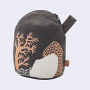 Dark gray textile pouch with a small loop handle and a graphic of a orange and white nature scene with coral and rocks.