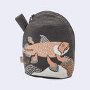 Dark gray textile pouch with a small loop handle and a graphic of a orange and white coelacanth swimming over rocks.