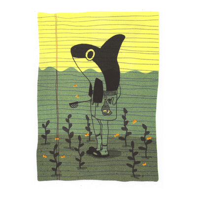 Illustration on mock yellow college ruled paper of a cartoon killer whale standing on human legs. He holds a small net to catch floating goldfish.