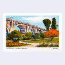 An art print featuring a colorful illustration of the Colorado Bridge in Pasadena, with trees, flowers, and a winding path in the foreground, shown against a light gray background.