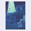 Illustration of a street at night and a girl standing next to a drink vending machine, looking up in surprise at a UFO beam abducting many random items.