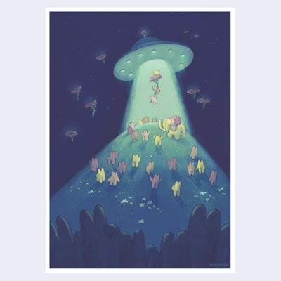 Illustration of a UFO hovering over a grassy hill with many small bunny characters, standing with their arms up.