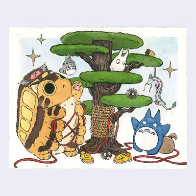 Watercolor painting on white paper of a cat tree, designed like an actual tree, with rope around the bottom for cat scratching. A fluffy stylized Catbus sits nearby, playing with some red yarn that is wrapped around its feet and the tree. The tree is decorated with various Totoro and Ghibli characters.