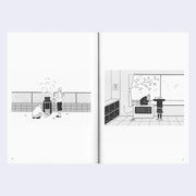 Open 2 page excerpt, all black and white featuring simple line art illustrations, one on each page. First is of 2 people stoking a fire outdoors from a tall cylinder. Other features 2 students inside of a classroom, with empty cubbies. One sits atop a heating unit and the other reads a book.