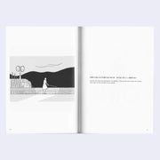 Open 2 page excerpt, all black and white featuring simple line art illustration on one page and Japanese and English text on the other. Drawing is of a woman facing away, looking over the side of a fenced waterway with a long stick in one hand.