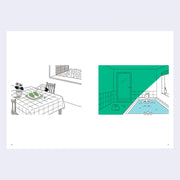 2 page excerpt, featuring 2 simple line art illustrations, one on each page. Left page features a girl sitting at a table with a plate of green grapes, looking sad. Right page features a woman alone in a full bathtub.