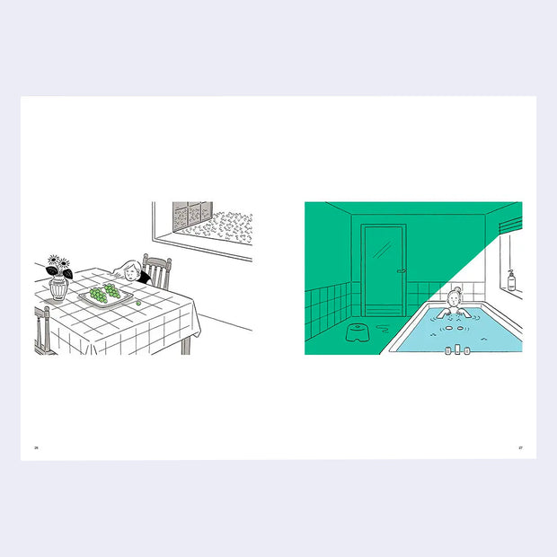 2 page excerpt, featuring 2 simple line art illustrations, one on each page. Left page features a girl sitting at a table with a plate of green grapes, looking sad. Right page features a woman alone in a full bathtub.