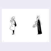 2 page excerpt, featuring 2 simple line art illustrations, one on each page. Left features a woman dressed business casual, eating street food. Right page features an illustration of a woman dressed for Halloween, carrying treats for the holiday.